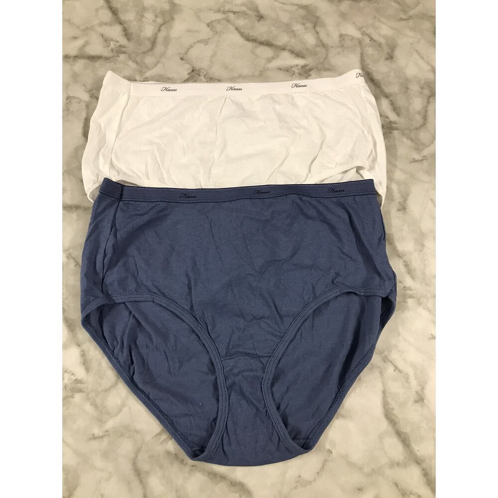 2X VINTAGE HANES 100% Cotton Panties Signature Waistband Hi-Cut 8/XL BLUE WHITE
